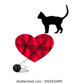 Cat with a ball on the background of hearts. Love for cats. Metaphor of love and affection. Vector illustration of template for Valentine's day.
