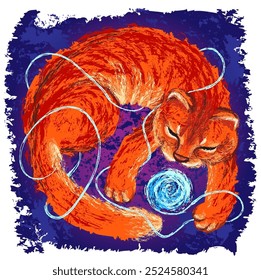 A cat with a ball of thread. Abstract, color image of a sleeping cat in watercolor style. Separate layers