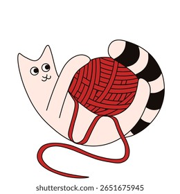 Cat with ball of thread. Vector illustration of cute Whimsical cat with red ball of thread isolated transparent background. Ideal t-shirt print kids wall card poster cover design. EPS 10