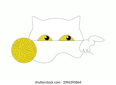 A cat and a ball of yarn for knitting. Handmade sign. Badge, logo, print. Vector illustration, background isolated.