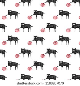 Cat and ball of yarn seamless pattern, vector illustration