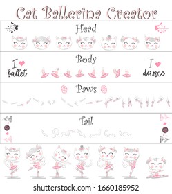 Cat ballerina creator. A set of elements for creating cats-ballerinas. Heads, tails, bodies, paws. Pink, delicate ballet.