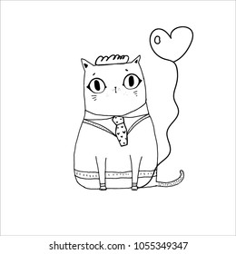 cat with balloon , cartoon hand drawn vector illustration. Can be used for baby t-shirt print, fashion print design, kids wear, baby shower celebration, greeting and invitation card.