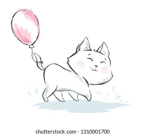 Cat with balloon cute print. Cool kitty illustration for t-shirt print, kids apparel, nursery, child party invitation. Simple design. Hand drawn with marker stroke. Summer time