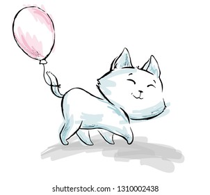 Cat with balloon cute print. Cool kitty illustration for t-shirt print, kids apparel, nursery, child party invitation. Simple design. Hand drawn with marker stroke. Summer time