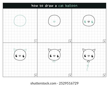 Cat balloon step by step vector line drawing instructions
