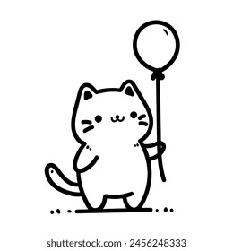 Cat with balloon vector, ideal for cute cards, invites, and kids' graphics. Hand drawn doodle style. Isolated on white background.