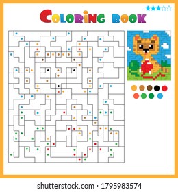 Cat with balls of yarn. Coloring book for kids. Colorful Puzzle Game for Children with answer.