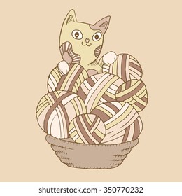 Cat with a balls of yarn, knitting kitten, cat playing with tangle