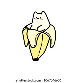 cat in banana, yellow fruit sticker, on t-shirt print, vector, stylish