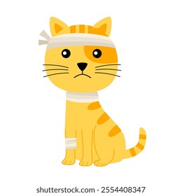 Cat with bandage on injured leg and head cartoon vector illustration