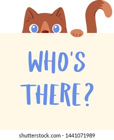 Cat banner vector kitten character peeking behind cardboard kitty holding copy space message poster illustration set of pussycat pet animal advertising isolated on background