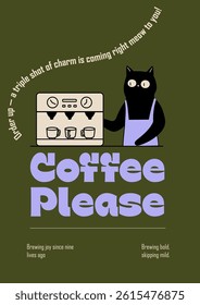 Cat Barista Making Coffee at Machine Poster Illustration