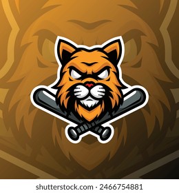 a cat with baseball bat and orange background