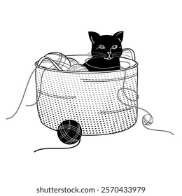 cat in a basket with balls of yarn