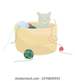 cat in a basket with balls of yarn