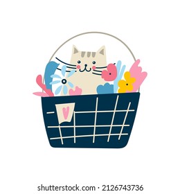 cat in basket with flowers. print for t-shirt, card, baby interior poster, sticker for social networks, smartphone. Cartoon pet isolated on white background. Vector illustration, doodle, hand drawn