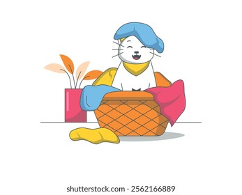 Cat in basket with laundry, playful pet at house. Character design. Vector flat illustration