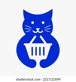 Cat Basket Logo Negative Space Concept Vector Template. Cat Holding Shopping Basket Symbol