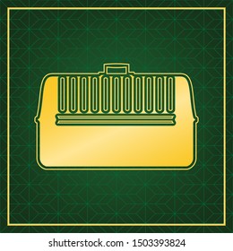 Cat basket sign. Golden icon with gold contour at dark green gridded white background. Illustration.