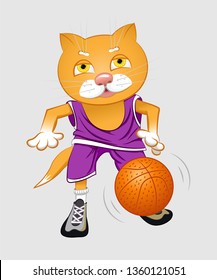 Cat basketball player. Vector image of a ginger cat playing with a basketball. The cat is wearing a tank top and purple shorts with white stripes. Sneakers and white sport socks are on their feet.