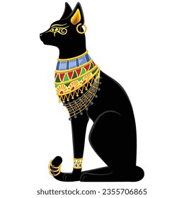 Cat Bastet Ancient Egyptian Deity Sacred Figure Silhouette with Decorative Jewels Vector Illustration isolated on white
