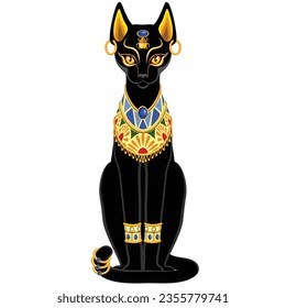 Cat Bastet Antike ägyptische Gottheit Heilige Abbildung Silhouette mit dekorativen Juwelen Vektor Illustration einzeln auf weiß.