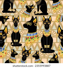 Cat Bastet Ancient Egyptian Deity Sacred Figure Silhouette with decorative Jewelry Vector Seamless Pattern
