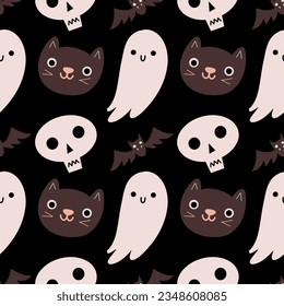 cat, bat and ghost on a black background. seamless vector pattern for halloween