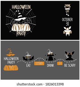 Cat bat owl pumpkin paws witch hat and spider web on black and gray background. Set of two vector illustration Halloween Party for invitation banner poster.