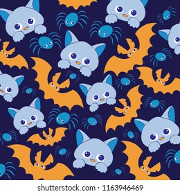 cat bat spider blue orange pattern fabric