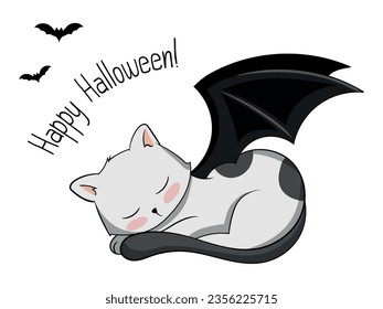 Cat with bat wings. Cartoon illustration. Happy Halloween! 