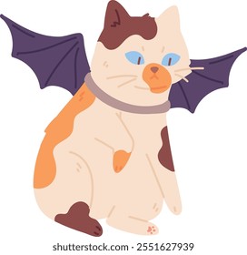 Cat with bat wings. Halloween kitten color character isolated on white background