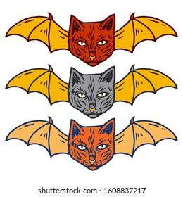 Cat with Bat Wings Set. Occult Cat Set Cartoon Style. Occultism. Esoteric Sign Alchemy. Occult Cat Set on white background isolated. Stock Vector Illustration. Cartoon style. 