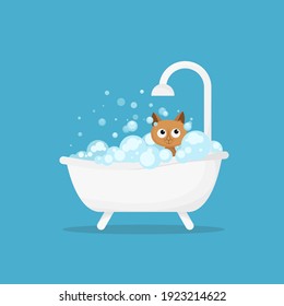 Cat in bath with bubbles. Bathtub with soap foam bubbles and cute kitten. Cartoon character, animal collection. Vector illustration in flat style