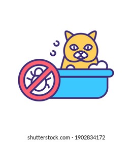 Cat bath RGB color icon. Clean kitten from fleas. Veterinarian service. Get rid of parasite. Pet service. Domestic animal treatment. Veterinary for domestic animals. Isolated vector illustration
