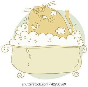 cat bath toilet cute animal water bathroom cat wet pets clean fizz sphere satisfaction caricature painting tub spa cleanse comic image joy happiness precious bathtub washroom illustration wash scrub b