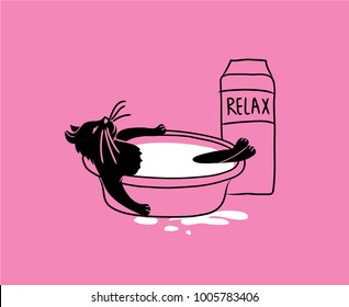 The cat is bathed in milk. Sketch of a cat on a pink background. Vector illustration for posters, T-shirts, postcards, children's books, magazines.