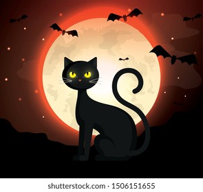 cat with bats flying in halloween scene