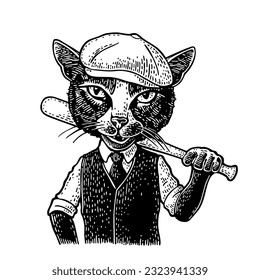 Un gato bateador sostiene un poco de béisbol y se viste con una gorra al pico, un chaleco. Ilustración de grabado negro vintage. Aislado sobre fondo blanco. Elemento de diseño dibujado a mano para camisetas y afiches