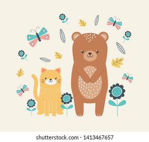 Cat and bear cartoon design vector illustration