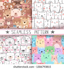 Cat, bear - cute seamless pattern. Hand draw