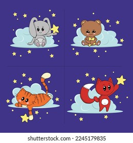 Cat, bear, fox and bunny with the star on the cloud among the stars. Hand drawn vector illustration in doodle style.