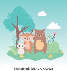 gato oso pequeño ciervo animales del bosque flores árbol caricatura ilustración vectorial
