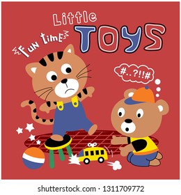 cat and bear playing together funny animal cartoon,vector illustration
