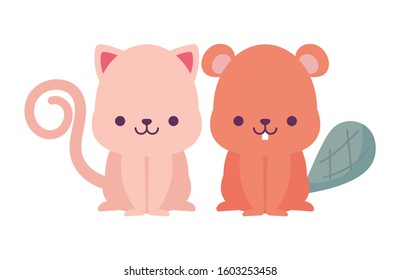 cat and beaver cartoons design, Kawaii expression cute character funny and emoticon theme Vector illustration