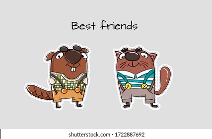 Cat and beaver are two friends. Beautiful funny stickers for printing on t-shirts, cups, pencil cases and baby accessories