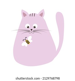 A cat with a bee on its head. It s flat. Children s vectors are drawn on a white, isolated background for banners.