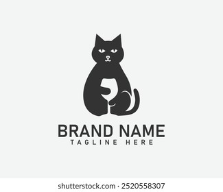 Cat With Beear Glass Minimal Negative Space Logo Design. Cat Holding Beear Glass Vector Template.
