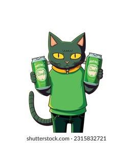 A cat with beer can Flat vector design